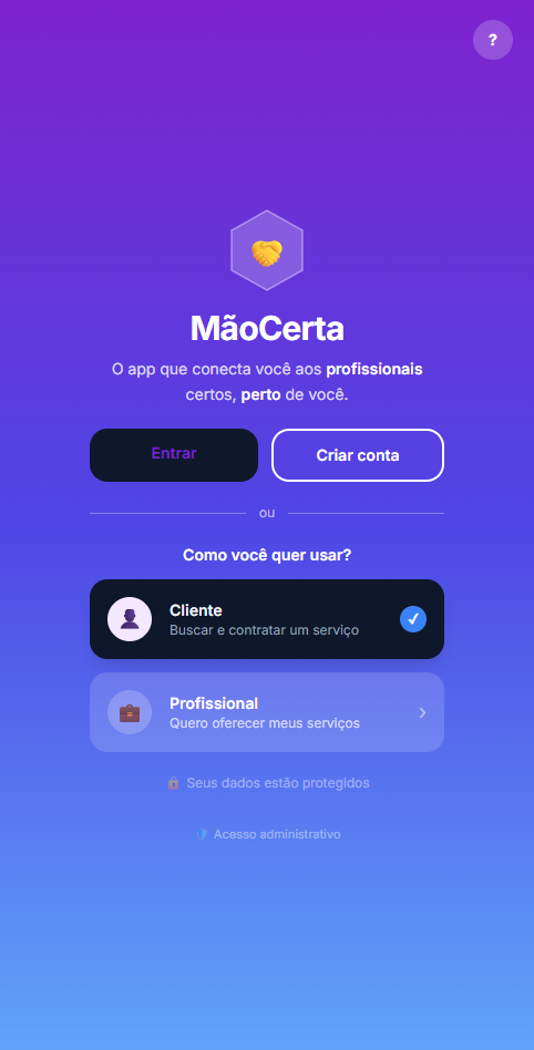 Tela inicial do MãoCerta no mobile, layout responsivo